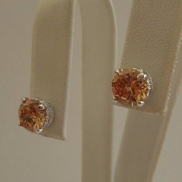 925 STERLING SILVER CHAMPAGNE STUD EARRINGS SIMULATED CHAMPAGNE DIAMONDS/8MM - Picture 10 of 10